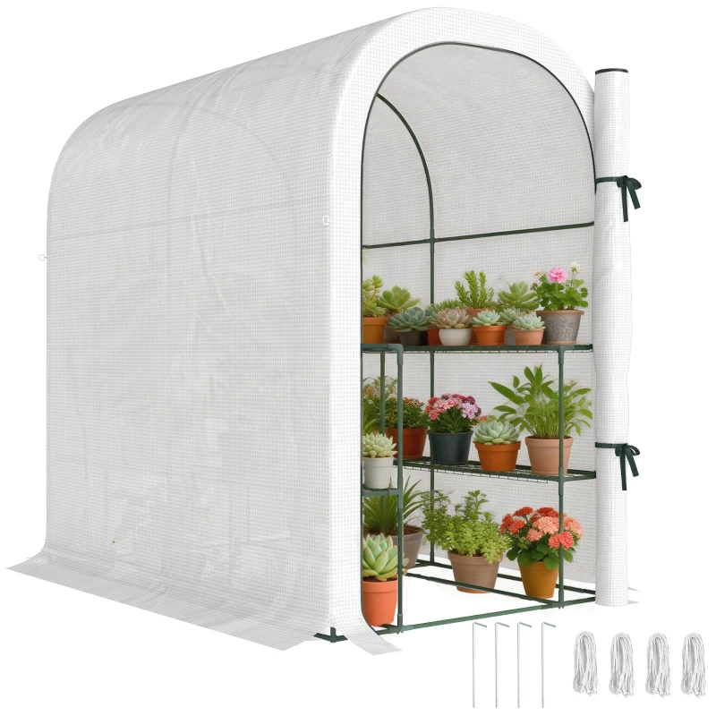 Outsunny Walk-in Mini Greenhouse with Shelves, Portable Outdoor Greenhouse with Roll-up Door, 123 x 187 x 189 cm, White
