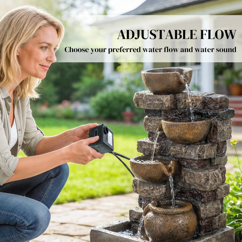 Outsunny 28" Outdoor Fountain with 5-Tier Rustic Jugs, Cascading Waterfall with LED Lights, Adjustable Flow, Rustic Brown