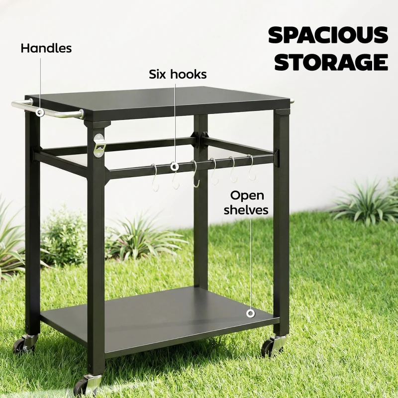 Outsunny Outdoor Grill Cart, Pizza Oven Stand with Steel Top, 2-Tier Kitchen Prep Station with Hooks, Handle, Wheels, Black