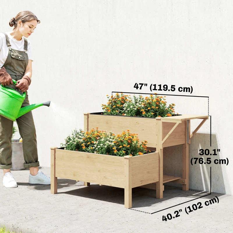 Outsunny Wooden Raised Garden Bed, 2-Tier Raised Planter with Storage Shelf, Side Board, Drainage Holes and Liner