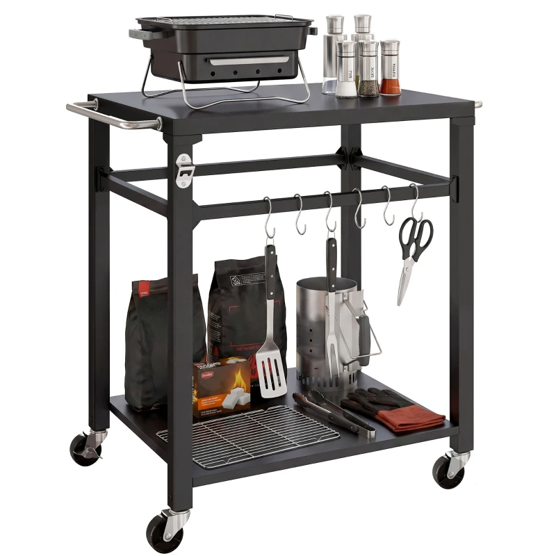 Outsunny Outdoor Grill Cart, Pizza Oven Stand with Steel Top, 2-Tier Kitchen Prep Station with Hooks, Handle, Wheels, Black