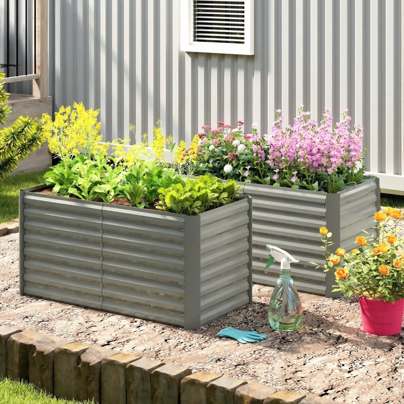 Outsunny Set of 2 Galvanized Metal Planters for Outdoor Plants, 4' x 2' x 2' Raised Garden Bed, Light Grey