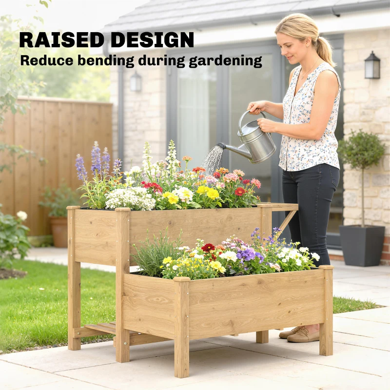 Outsunny Wooden Raised Garden Bed, 2-Tier Raised Planter with Storage Shelf, Side Board, Drainage Holes and Liner