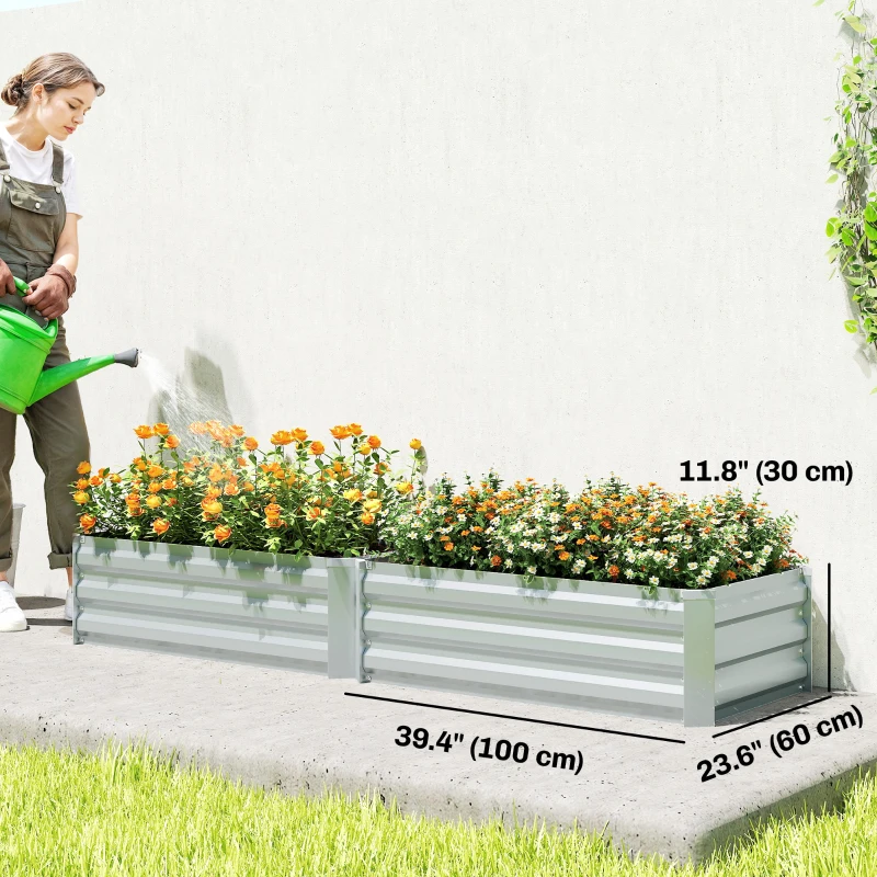 Outsunny Set of 2 Galvanized Raised Beds for Garden, Outdoor Planter Box for Flowers, Herbs and Vegetables, Grey