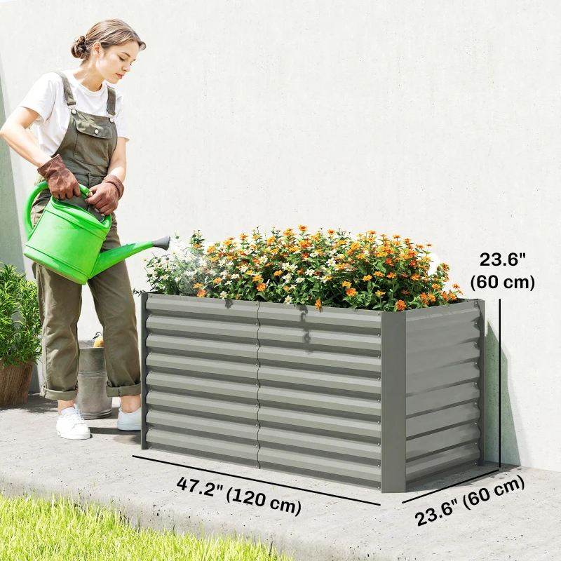 Outsunny Set of 2 Galvanized Metal Planters for Outdoor Plants, 4' x 2' x 2' Raised Garden Bed, Light Grey