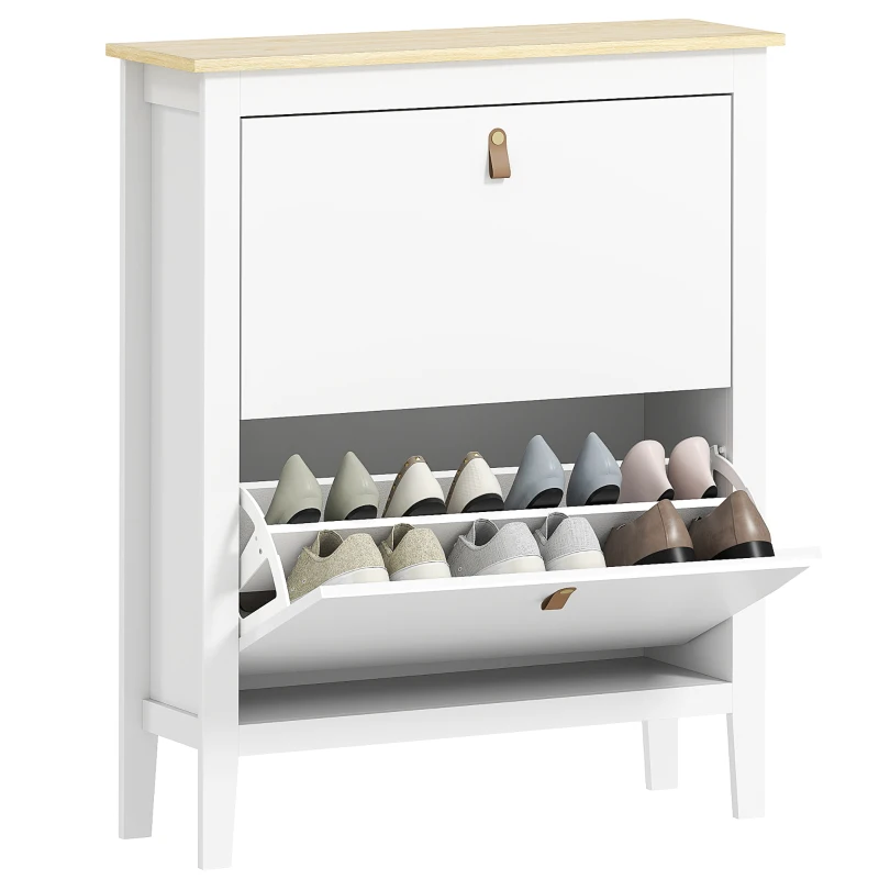 HOMCOM Narrow Shoe Cabinet with 2 Flip Drawers, Adjustable Shelves for Entryway, Holds 10-14 Pairs, White