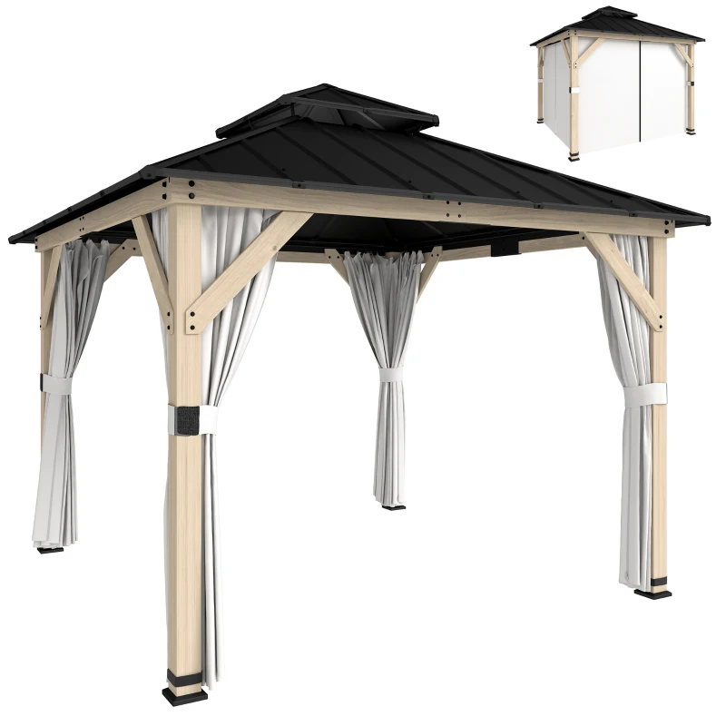 Outsunny 10' x 10' Outdoor Hardtop Gazebo with Double Steel Roof, Wood Patio Gazebo with Curtains, Hook, Light Grey