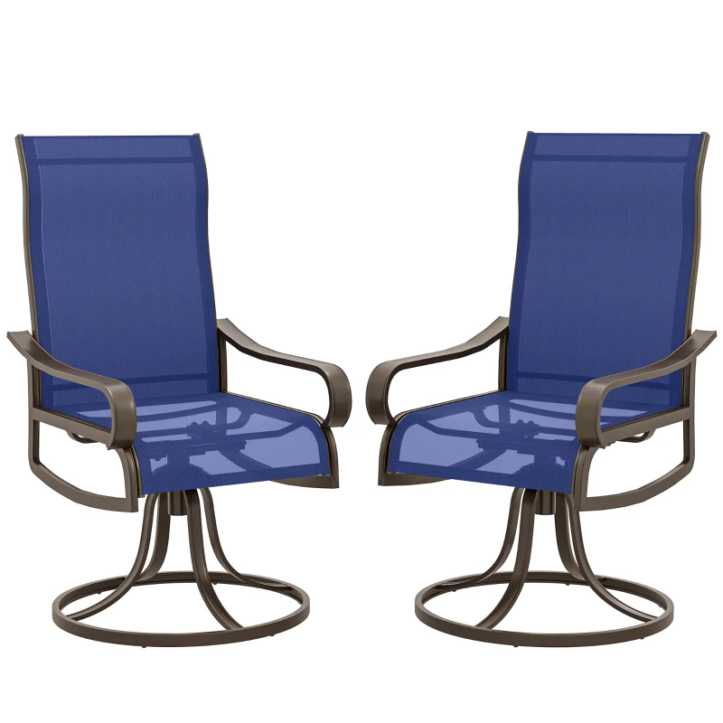 Outsunny Patio Dining Chairs Set of 2, 360° Swivel Rocking Outdoor Chairs with Armrests, Breathable Mesh, Navy Blue
