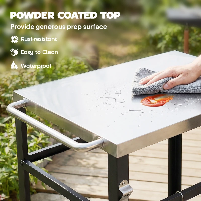 Outsunny Outdoor Grill Cart with Stainless Steel Tabletop, 2-Tier Kitchen Prep Station with Hooks, Lockable Wheels, Black