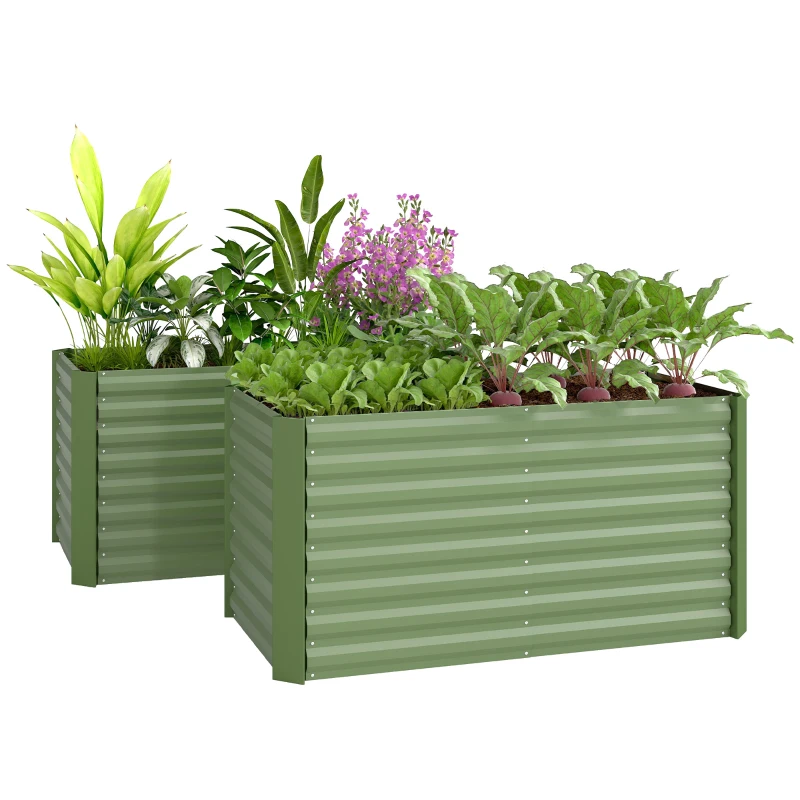 Outsunny Set of 2 Galvanized Metal Planters for Outdoor Plants, 4' x 2' x 2' Raised Garden Bed, Light Green