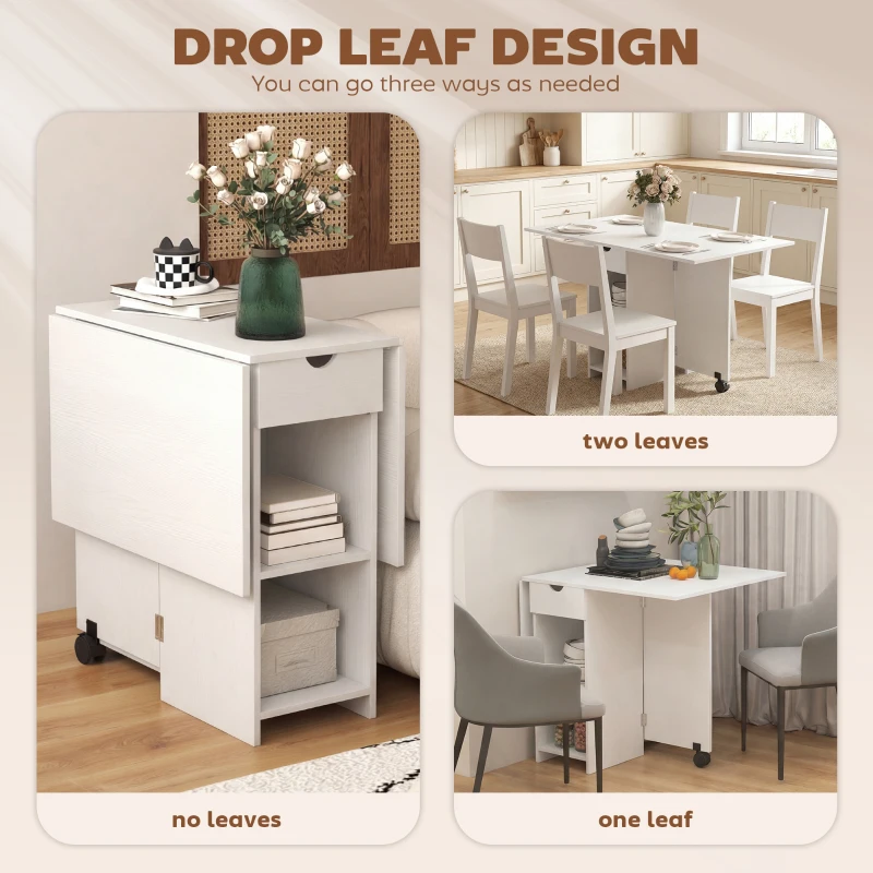 HOMCOM Folding Dining Table with Storage, Drop Leaf Kitchen Table with Drawer and Shelves for Small Spaces, White