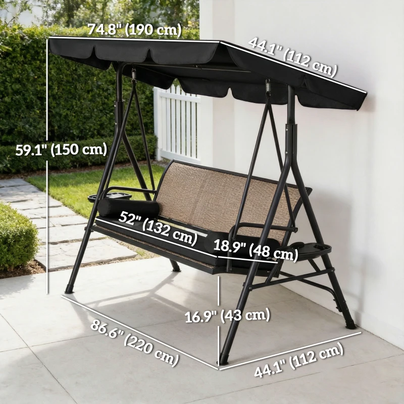 Outsunny Outdoor 3-Seat Porch Swing with Canopy, Rattan Seat, Removable Cushion, Pillows and Steel Frame
