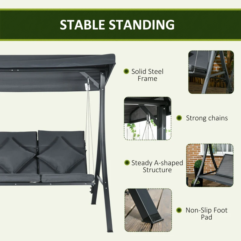 Outsunny 3-Person Patio Swing Chair, Outdoor Porch Swing Bench with Adjustable Canopy, Cushioned Seat, Dark Grey