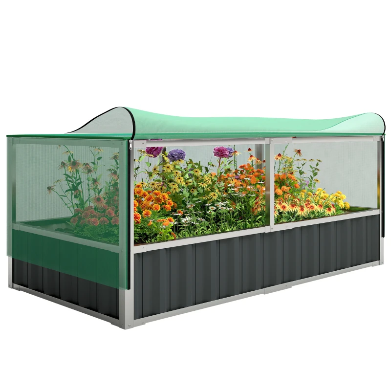 Outsunny Raised Garden Bed, 5.7 x 3 x 2.3ft Steel Planter Box Outdoor with Cover, Gloves, Dark Grey