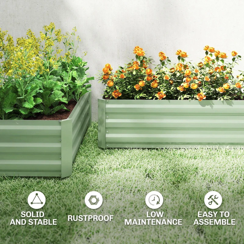 Outsunny Set of 2 Galvanized Raised Beds for Garden, Outdoor Planter Box for Flowers, Herbs and Vegetables, Light Green