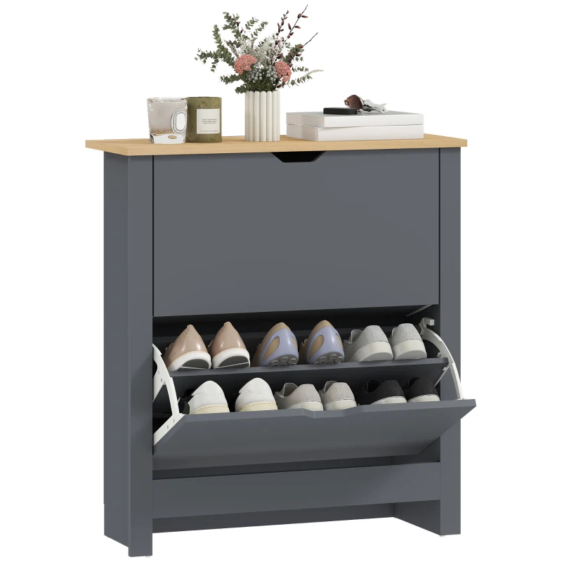 HOMCOM Shoe Storage Cabinet with 2 Flip Drawers and Adjustable Shelves for 12 Pairs of Shoes, Dark Grey