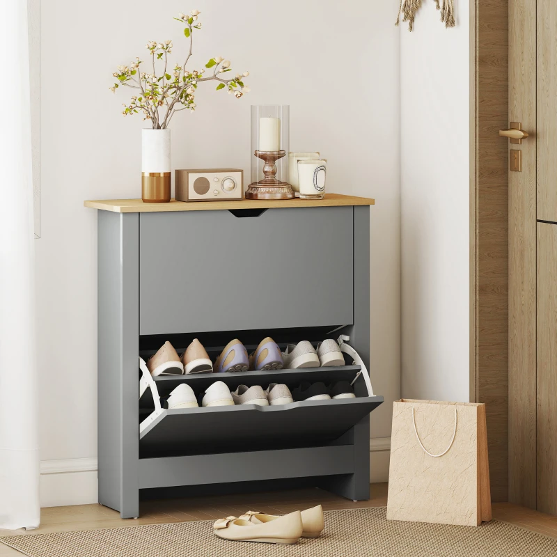 HOMCOM Shoe Storage Cabinet with 2 Flip Drawers and Adjustable Shelves for 12 Pairs of Shoes, Light Grey