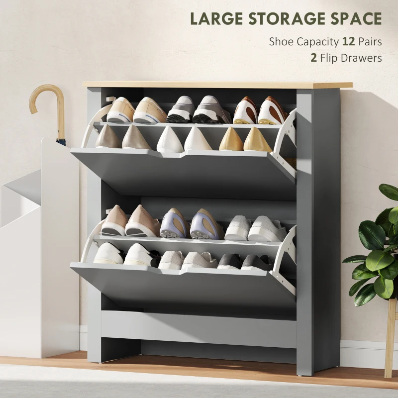 HOMCOM Shoe Storage Cabinet with 2 Flip Drawers and Adjustable Shelves for 12 Pairs of Shoes, Light Grey