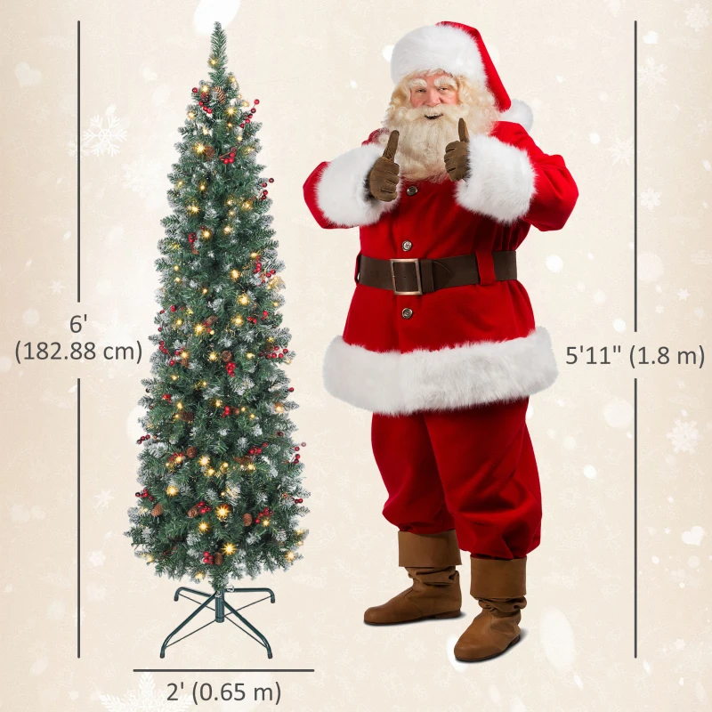 HOMCOM 6 ft Pencil Prelit Christmas Tree with LED Light, Silver Glitter, Dense Pointed Branches, 8 Modes, Slim Xmas Tree