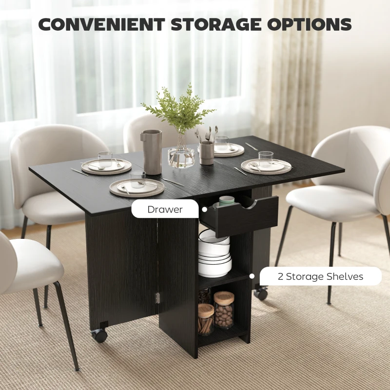 HOMCOM Folding Dining Table with Storage, Drop Leaf Kitchen Table with Drawer and Shelves for Small Spaces, Black