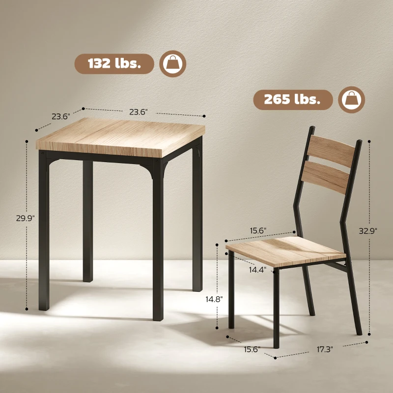 HOMCOM 3 Piece Dining Table Set for 2, Modern Kitchen Table and Chairs, Dining Room Set for Breakfast Nook, Light Wood Grain