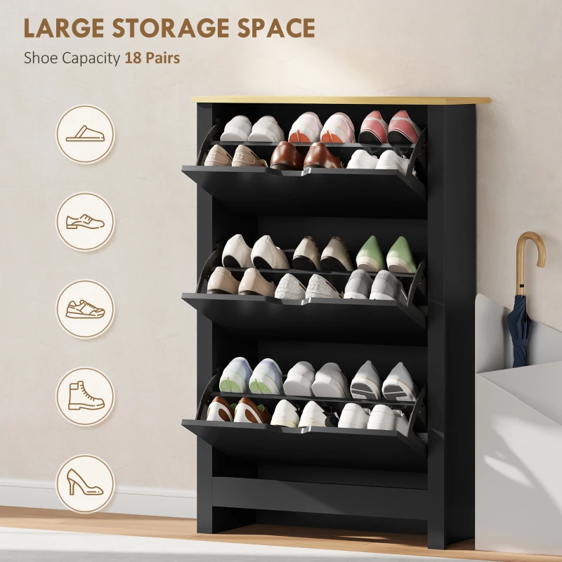 HOMCOM Shoe Storage Cabinet with 3 Flip Drawers and Adjustable Shelves for 18 Pairs of Shoes, Black