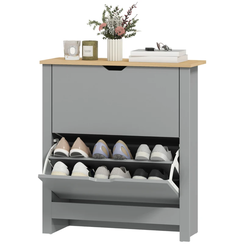 HOMCOM Shoe Storage Cabinet with 2 Flip Drawers and Adjustable Shelves for 12 Pairs of Shoes, Light Grey