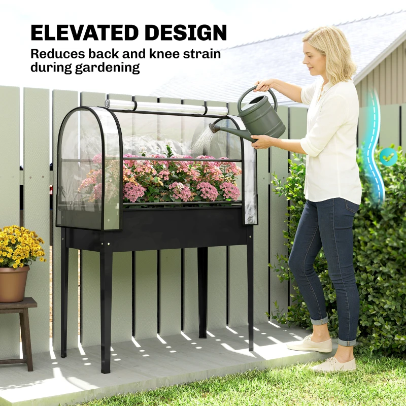 Outsunny Raised Garden Bed with Flip-Up Greenhouse Cover, Metal Elevated Garden Bed with Legs and Drainage Hole, Black