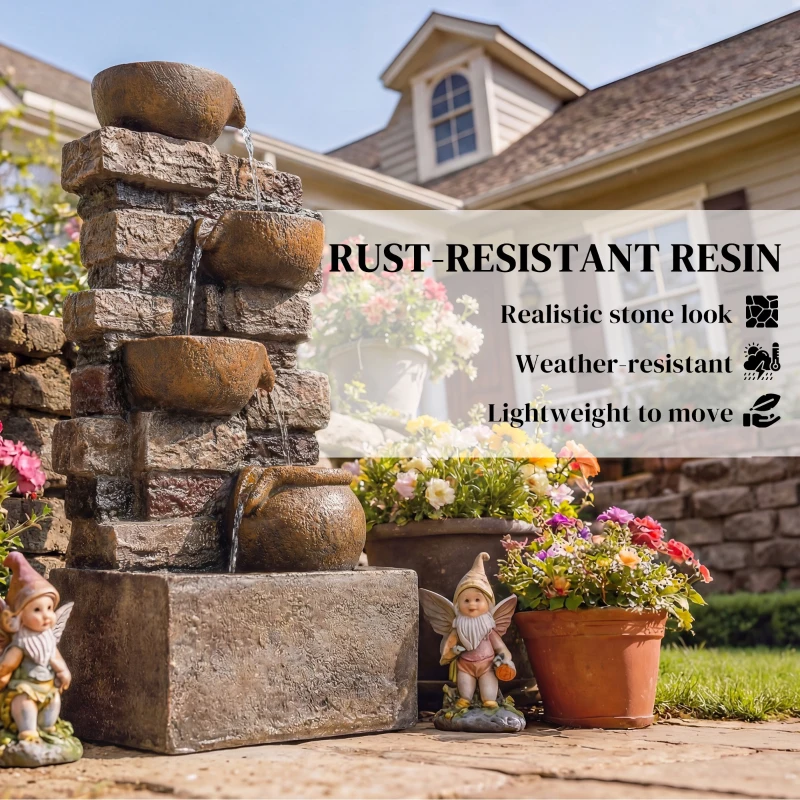 Outsunny 28" Outdoor Fountain with 5-Tier Rustic Jugs, Cascading Waterfall with LED Lights, Adjustable Flow, Rustic Brown