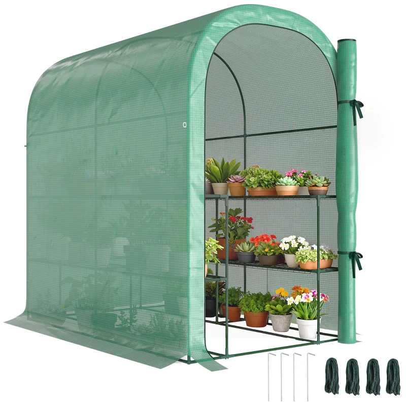 Outsunny Walk-in Mini Greenhouse with Shelves, Portable Outdoor Greenhouse with Roll-up Door, 123 x 187 x 189 cm, Green
