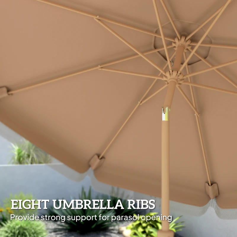 Outsunny 9 ft Patio Umbrella with Push Button Tilt and Crank, Fringed Outdoor Market Table Umbrella Parasol, Khaki