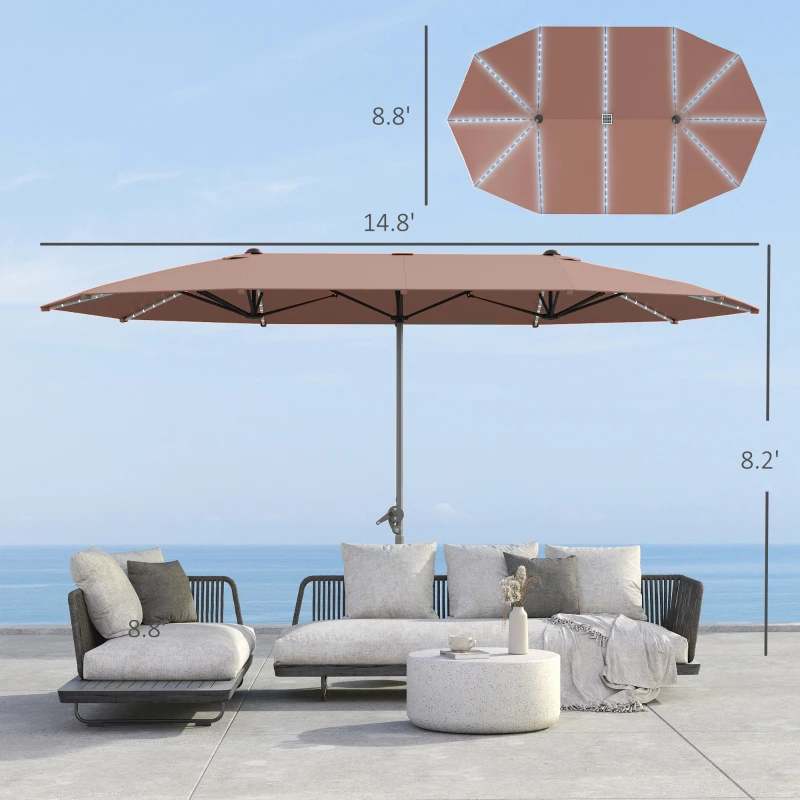 Outsunny 15ft Double-Sided Outdoor Umbrella with Solar Lights, UPF50+ Extra Large Aluminum Patio Umbrella with Crank, Tan