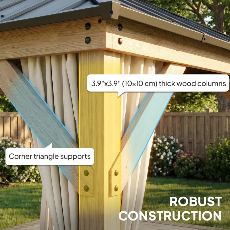 Outsunny 10' x 10' Outdoor Hardtop Gazebo with Double Steel Roof, Wood Patio Gazebo with Curtains, Hook, Light Grey