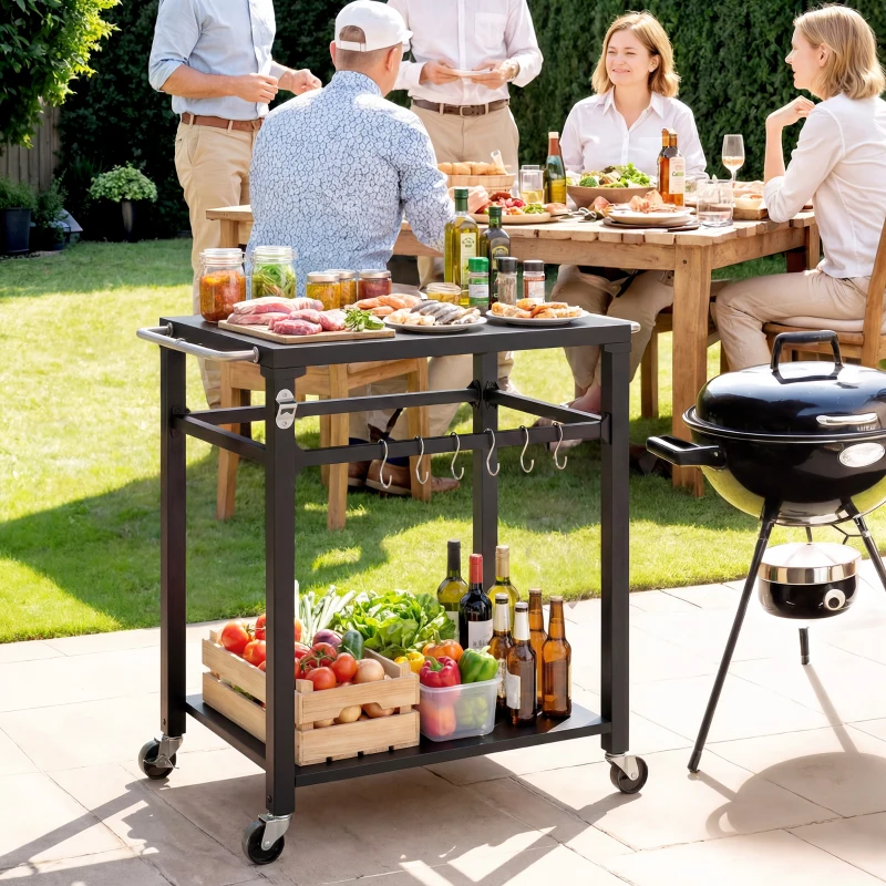 Outsunny Outdoor Grill Cart, Pizza Oven Stand with Steel Top, 2-Tier Kitchen Prep Station with Hooks, Handle, Wheels, Black