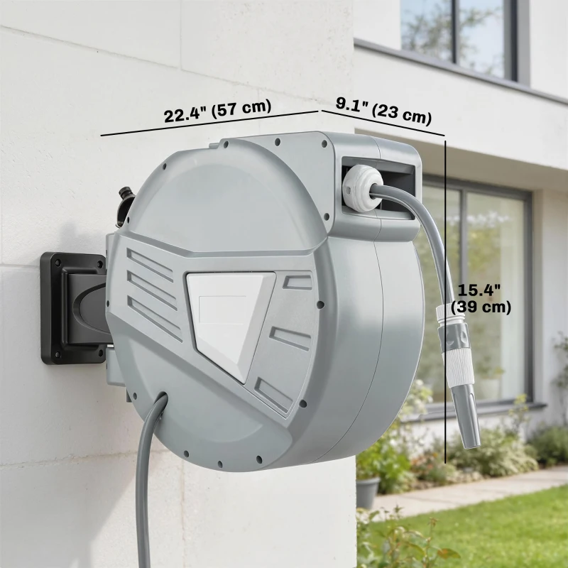 Outsunny Retractable Garden Hose Reel, 1/2" x 98ft Wall Mounted Hose Reel with Auto Retraction, Self-Locking, Grey