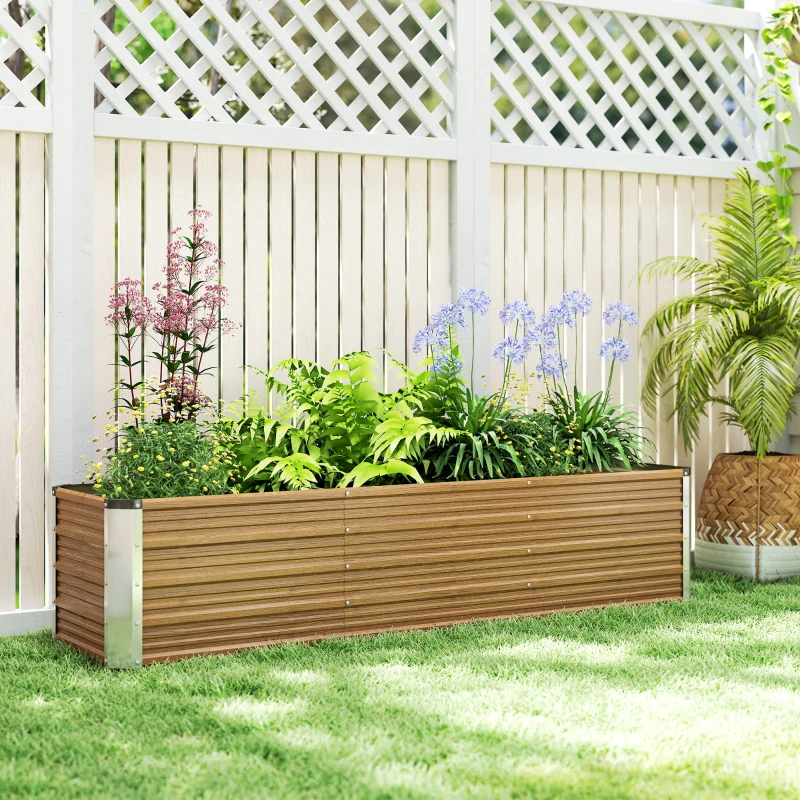 Outsunny 6' x 1.5' x 1.3' Galvanized Raised Garden Bed, Elevated Large Metal Planter Box w/ Install Gloves, Brown Wood Effect