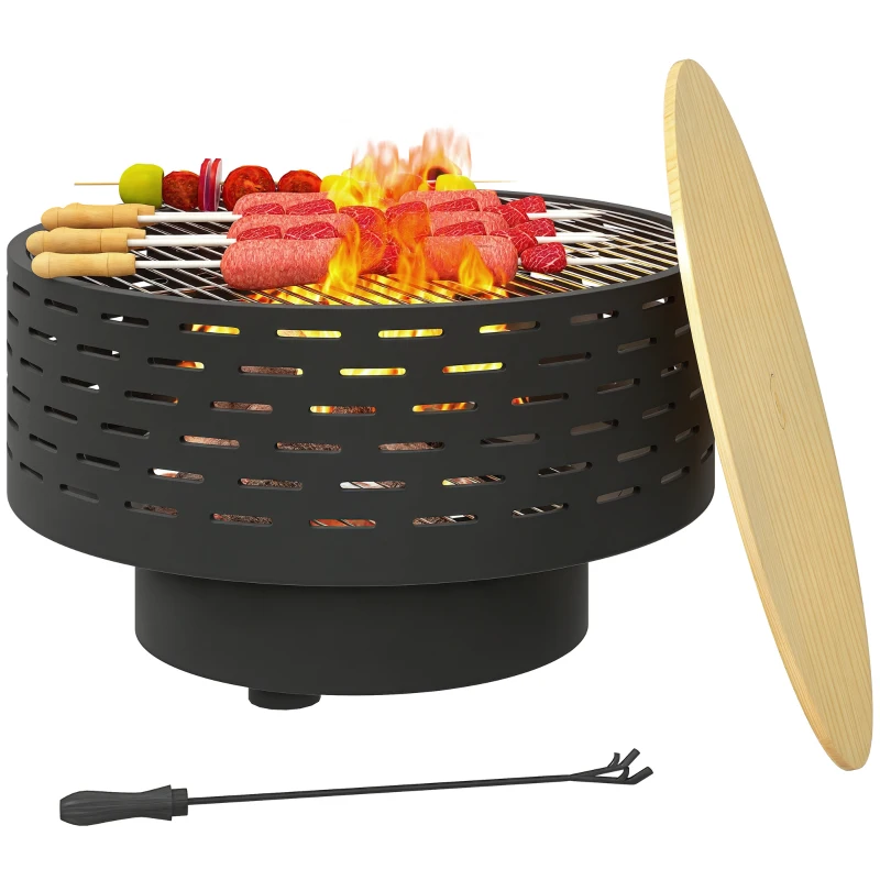 Outsunny 3-in-1 Fire Pit Φ23.8" x 15.4" Stainless Steel Outdoor Fire Bowl with Wood-Effect Fire Basket