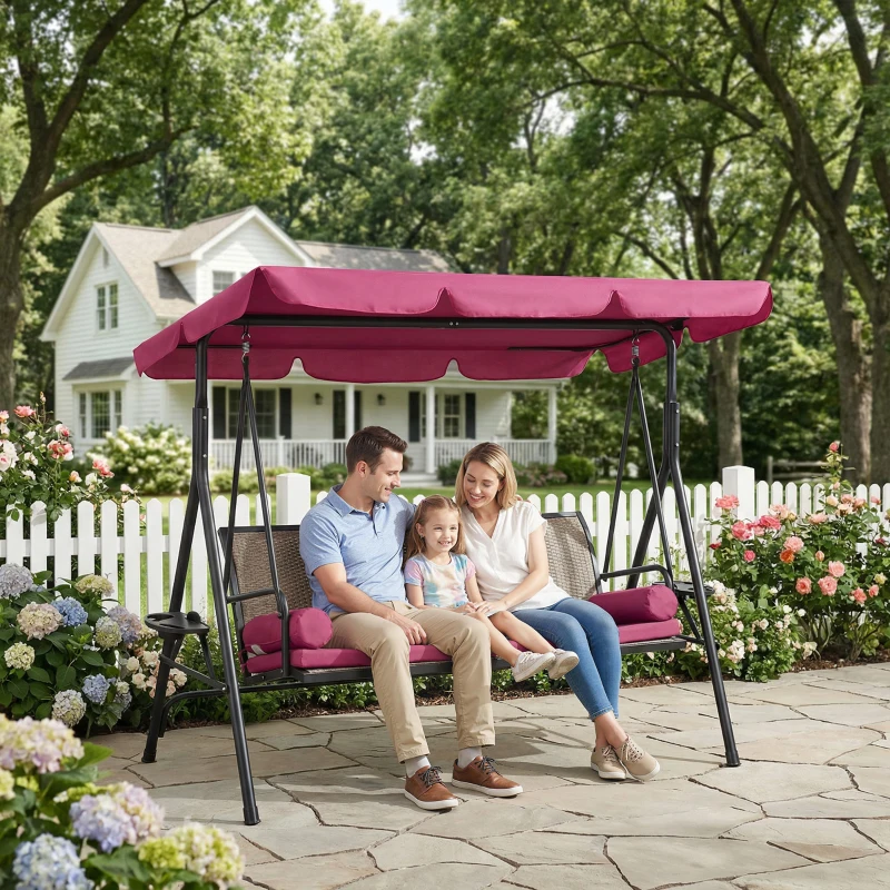 Outsunny Outdoor 3-Seat Porch Swing with Canopy, Rattan Seat, Removable Cushion, Pillows and Steel Frame