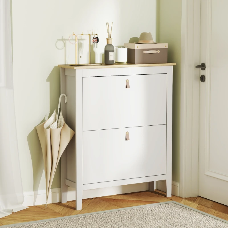 HOMCOM Narrow Shoe Cabinet with 2 Flip Drawers, Adjustable Shelves for Entryway, Holds 10-14 Pairs, White