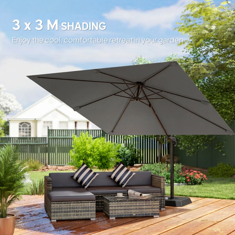 Outsunny 10 FT Patio Umbrella with Base, Outdoor Offset Cantilever Umbrella with Crank Handle and Tilt, 360° Rotation