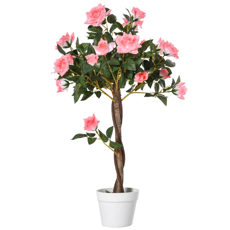 Outsunny 3FT Artificial Plant Pink Rose Floral in Pot, Fake Plant for Home Indoor Decor