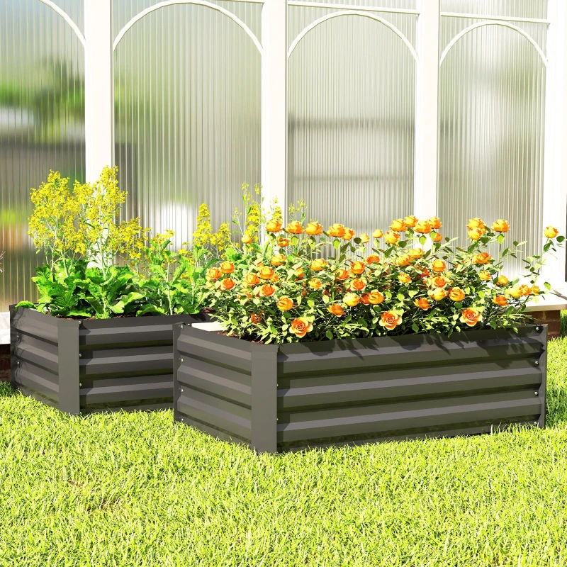 Outsunny Set of 2 Galvanized Raised Beds for Garden, Outdoor Planter Box for Flowers, Herbs and Vegetables, Black