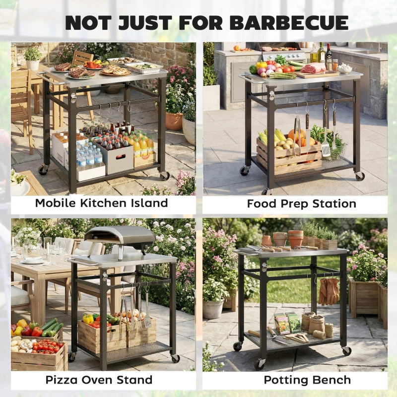 Outsunny Outdoor Grill Cart with Stainless Steel Tabletop, 2-Tier Kitchen Prep Station with Hooks, Lockable Wheels, Black