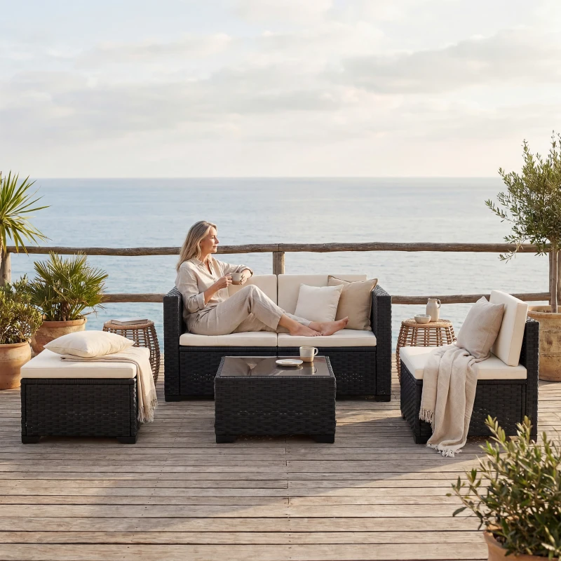 Outsunny 5 Piece Patio Furniture Set, L-Shape Wicker Outdoor Sectional with 3 Chairs, Ottoman, Glass Table, Cushions, Cream