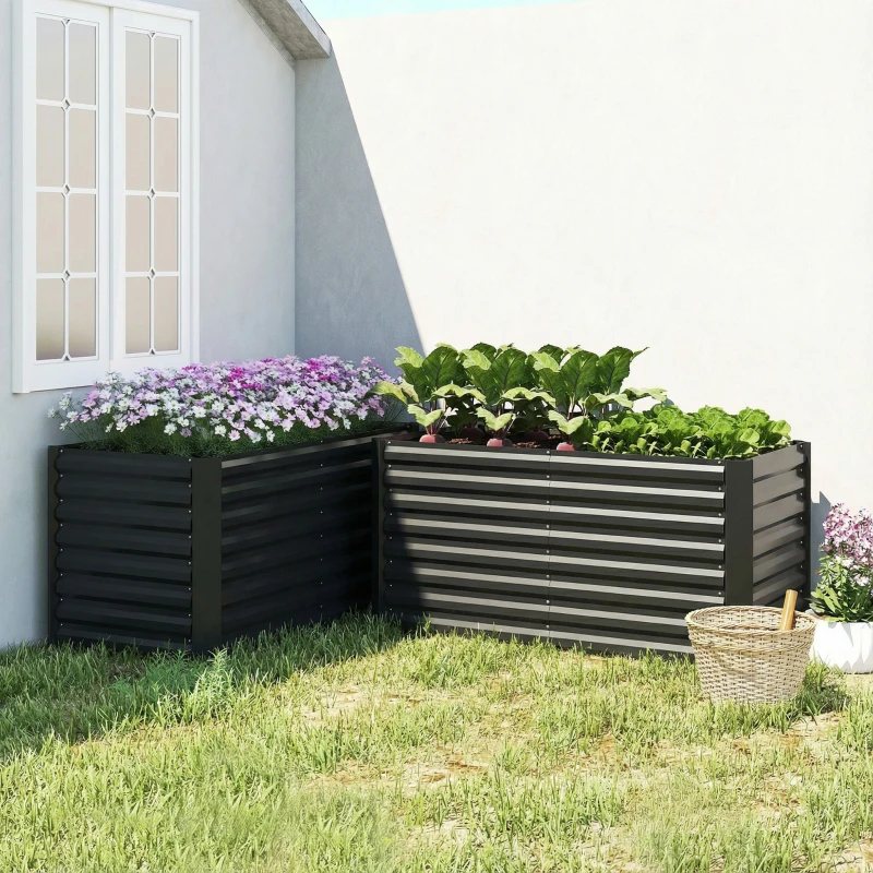 Outsunny Set of 2 Galvanized Metal Planters for Outdoor Plants, 4' x 2' x 2' Raised Garden Bed, Black