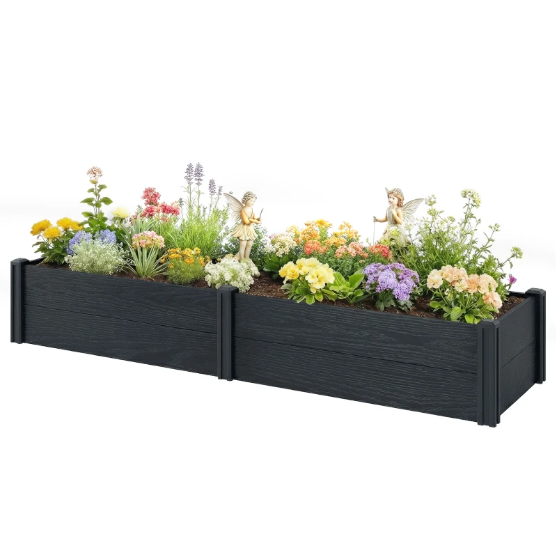 Outsunny Vinyl Raised Garden Bed Kit, 6.5 x 2 x 1ft Elevated Garden Box with Divider and Open Bottom, Grey Wood Effect