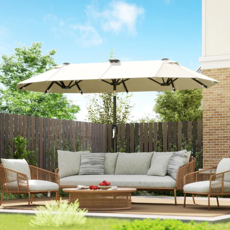 Outsunny 10ft Double-Sided Patio Umbrella with 35 LED Lights, 12 ribs, Extra Large Outdoor Parasol with Twin Canopy, Beige