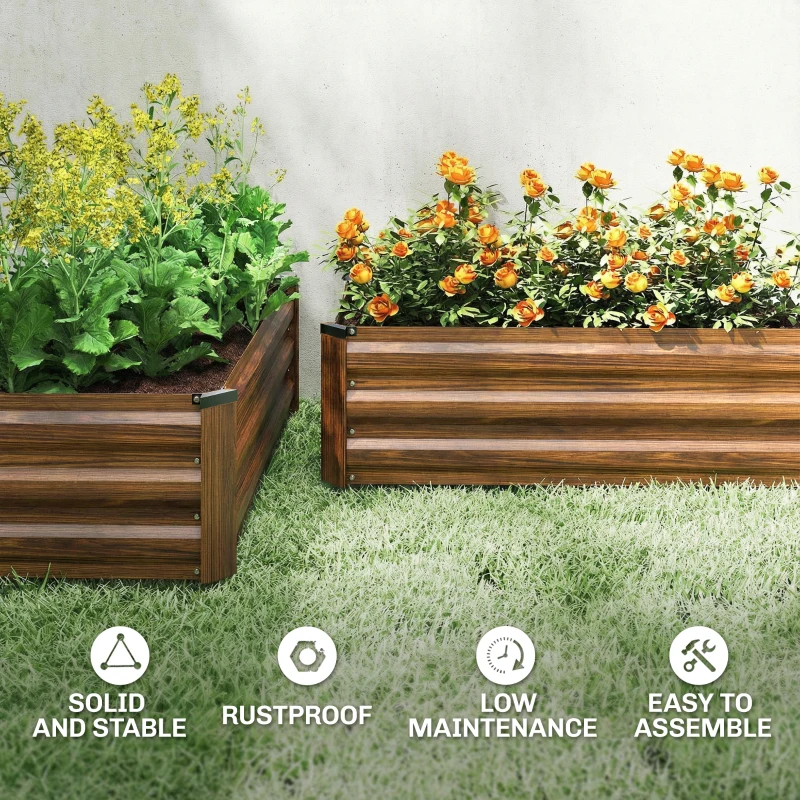 Outsunny Set of 2 Galvanized Raised Beds for Garden, Outdoor Planter Box for Flowers, Herbs and Vegetables, Dark Brown