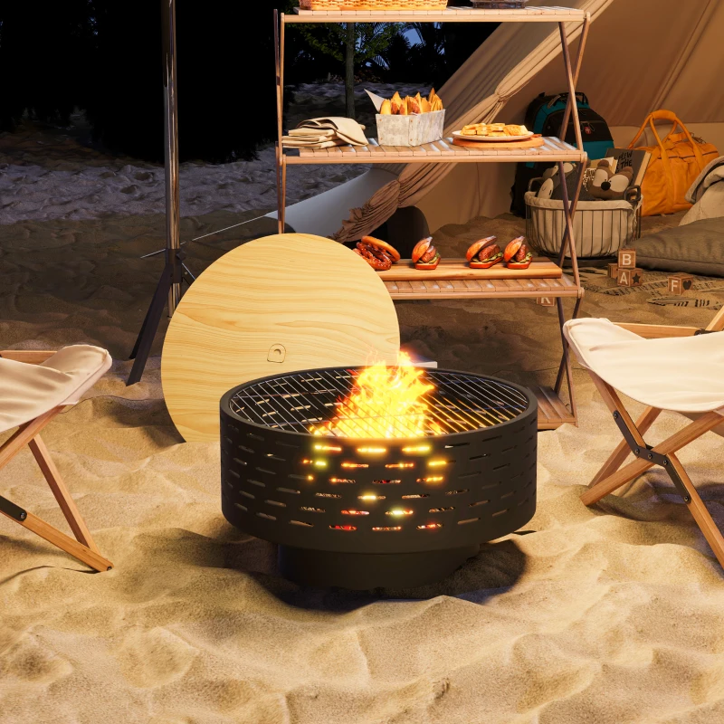 Outsunny 3-in-1 Fire Pit Φ23.8" x 15.4" Stainless Steel Outdoor Fire Bowl with Wood-Effect Fire Basket