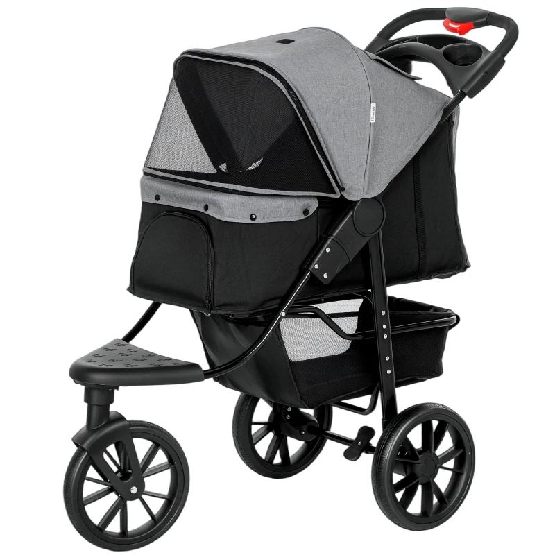 PawHut 3 Wheel Folding Dog Stroller, Travel Carrier with Adjustable Canopy, Storage Brake, Mesh Window for S&M Dogs Grey